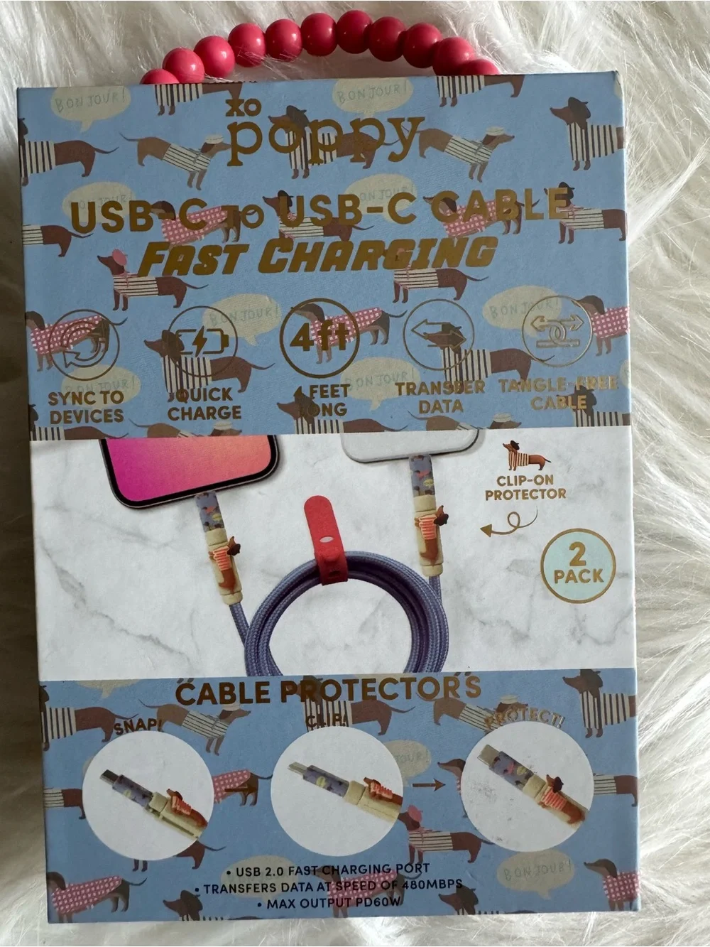 Poppy USB-C to USB-C Fast Charge Cable - Blue with Daschund